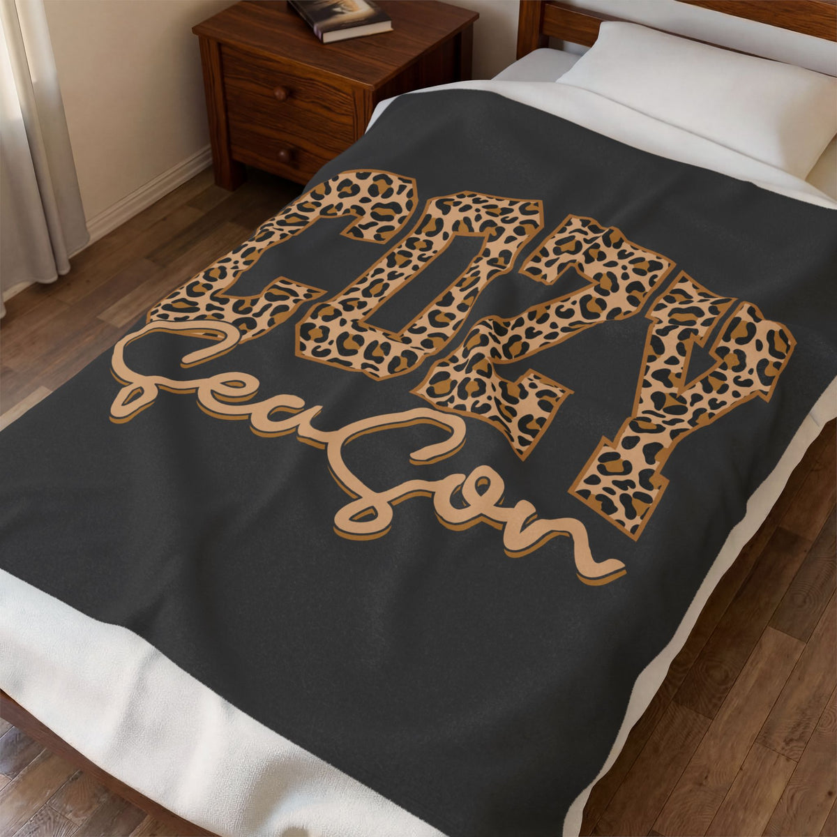 Cozy Season Velveteen Plush Blanket – Leopard Print "Cozy Season" Design